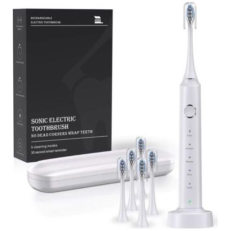 Brosse à dents électrique pour adulte - Brosse à dents sonique avec 3 types de 6 têtes de brosse, 5 modes, rechargeable et minuterie intelligente intégrée, chargement sans fil, niveau d'étanchéité IPX (1/5)