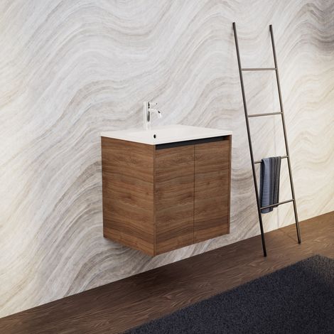 Inda - Meuble de salle de bain L.60 avec vasque mate / Chêne brun (1/5)