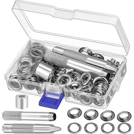 Kit Oeillets - 100 Pièces Oeillets Métalliques 10 mm - Pour Toile Bâche Tente Réparation - Avec Emporte-Pièce Mandrin Boîte de Rangement