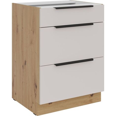 Küchen Unterschrank 60 cm Küche SOLANO Kaschmir beige matt + Eiche Artisan matt Soft-Close Küchenzeile Küchenblock (1/4)