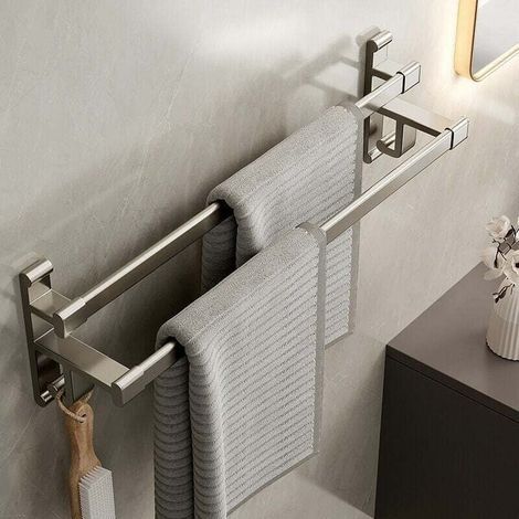 Portasciugamani da bagno senza fori, portasciugamani a doppio braccio, portasciugamani da bagno a doppio spazio, portasciugamani da bagno in alluminio, portasciugamani autoadesivo, grigio metallizzato (1/5)