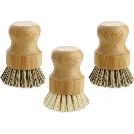 Lntyq Topfbürste aus Palmenholz, Mini-Spülbürste aus Bambus, runde Reinigungsbürste für Gusseisenherde, Töpfe, Gemüse, Küche, Haushaltsreinigung, 3er-Pack (1/5)