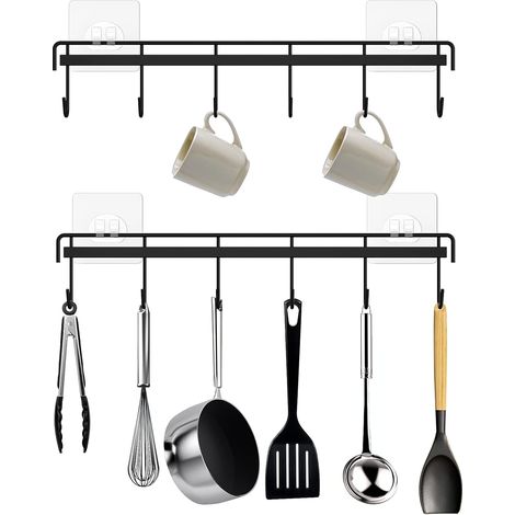 Soporte de pared para utensilios de cocina, adhesivo con 12 ganchos, ahorra espacio y no requiere taladros, negro (paquete de 2) (1/5)