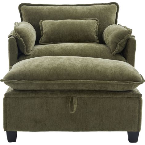 Fauteuil moderne extra grand avec pouf fauteuil en chenille avec poches latérales et coussin fauteuil de lecture confortable pour salon, chambre et appartement (chenille vert olive)