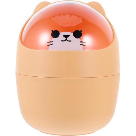 Adorabile mini cestino da scrivania con coperchio - cestino a forma di gatto dei cartoni animati con coperchio girevole - mini cestino da banco - piccolo cestino da banco - (1/5)