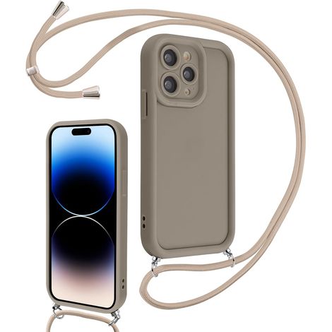 Coque pour iPhone 14 Pro Max 6,7" avec Cordon de Collier Réglable, Etui Protection de la Caméra Silicone Souple TPU Antichoc Housse avec Corde Lanyard Cover pour Femmes Filles, Kaki (1/5)