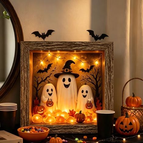 Halloween Shadow Box Kit, Lampe Halloween Trois Fantômes LED Format A4, Décoration Amusante, Secteur