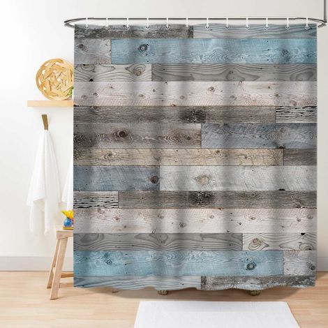Rideau de douche style rustique, rideau de douche en bois bleu-gris imitant une porte de grange, décoration de salle de bain en bois (1/4)