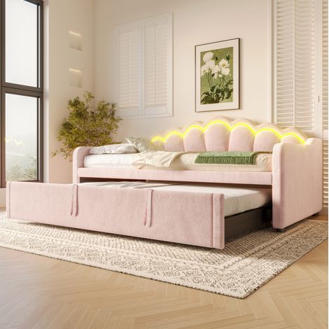 Lit de jour gigogne 90x200(180x200) en velours rose avec LED, canapé-lit (1/5)