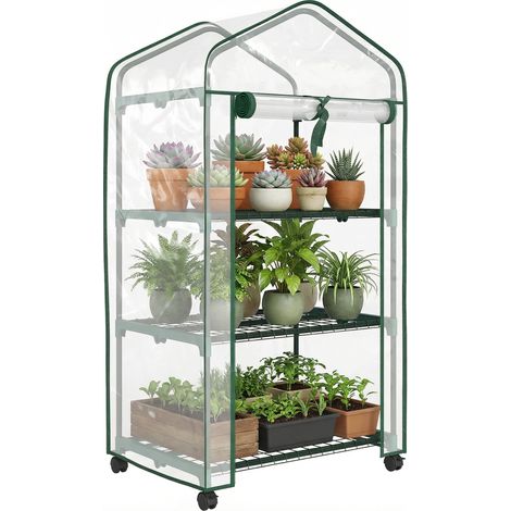 Dreistöckiges Gewächshaus mit transparenter, hochdichter PVC-Abdeckung, Rolltür und vier Rollen. Maße: 69 x 49 x 130 cm. Ideal für Pflanzen, Setzlinge und Balkone.