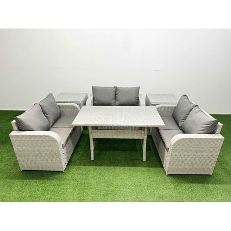 Fimous 6 Seater PE Wicker Rattan Furniture Sofa Sets with Rectangular Dining Table 2 Seater Love Sofa 2 Side Table Light Grey (1/4)