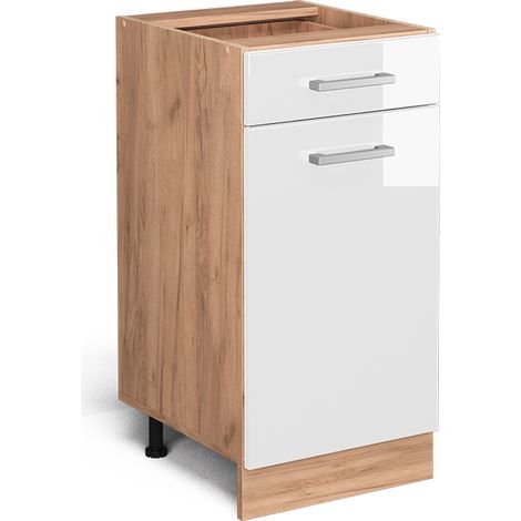 Mueble bajo de cocina R-Line, Blanco alto brillo, 40 cm sin encimera, Vicco