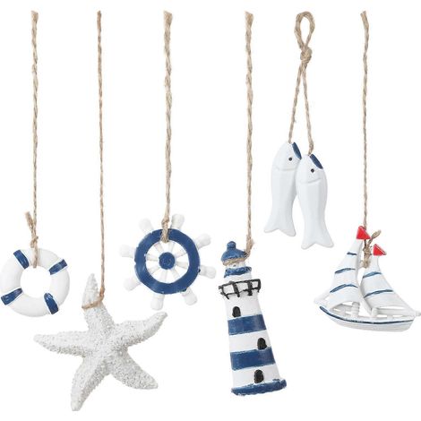 Lot de 6 pendentifs décoratifs à suspendre de style méditerranéen, en forme de poissons. (1/5)