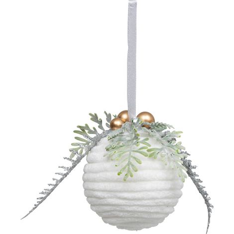 Déco Sapin Boule de Noël D 7.5 cm Blanc effet laine feuilles et billes Or - Feeric Christmas