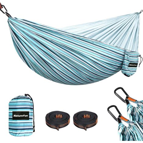 Hamac Ultra-léger de Voyage Camping 300 kg Capacité de Charge,Respirante,Séchage Rapide Hamac(275x140 cm) 2 x Mousquetons de qualités,2 x sangles Inclus Pour Jardin d'interieur/Extérieur (1/5)