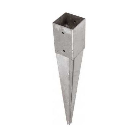 Sud Bois – Support pied de poteau galvanisé à enfoncer 91 x 91 mm – Longueur 750 mm – Fixation par 4 trous de diamètre 10 – Pour poteaux bois, acier, béton