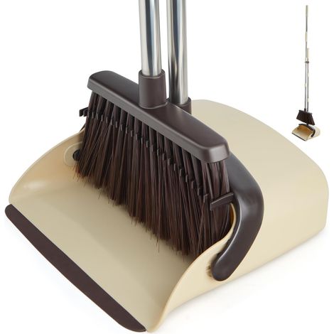 Ensemble pelle à poussière et balayette à long manche avec dents de peigne, brosse de balayage pour intérieur, cuisine, hall, bureau, balayage des poils d'animaux de compagnie (1/5)
