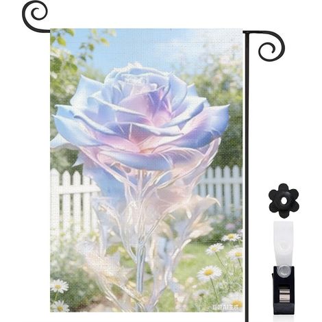 Drapeau vertical style shabby chic et rose bleue-rose 30 x 45 cm décoration saisonnière extérieure (1/5)