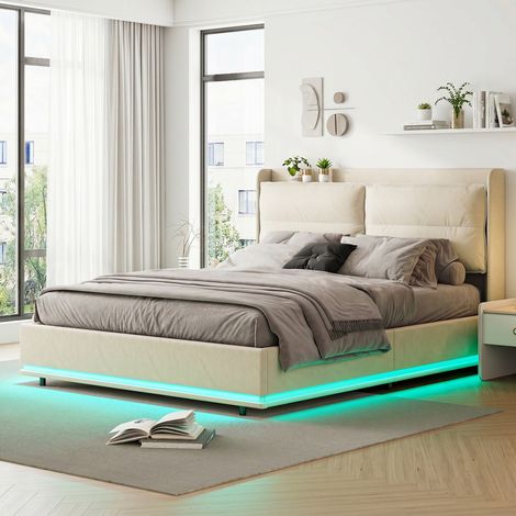 Lit coffre 160x200 cm, tête de lit capitonnée en velours beige, éclairage LED, ports USB/Type-C et charge sans fil, cadre métallique, sommier à lattes (1/5)