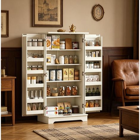 Armario alto de cocina 60 x 40 x 120 cm con almacenaje ajustable, crema HAVRYA (1/5)