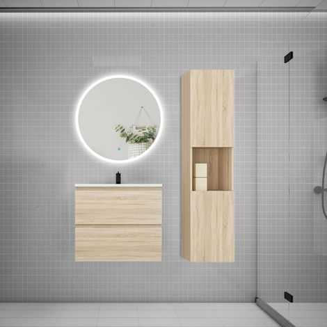 AICA Ensemble meuble vasque L.60cm 2 tiroirs + lavabo + LED miroir rond 70cm + colonne,chêne