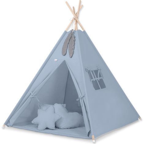 Tienda tipi para niños + colchoneta + almohadas + colgantes de plumas - azul sucio (1/5)