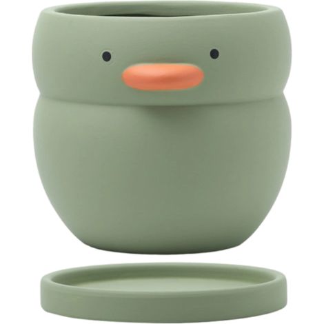 Pot de fleurs en céramique rond en forme de canard jaune mignon avec porte-stylo décoratif. Pot en argile respirant pour orchidée verte charnue. (1/5)