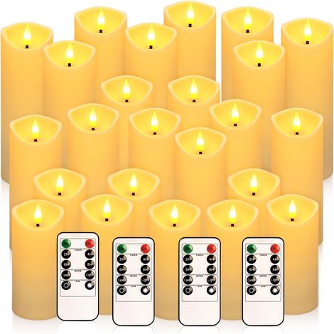 Set mit 24 flammenlosen LED-Säulenkerzen, Elfenbein, batteriebetrieben mit Fernbedienung, 3D-Flackerflamme, 5 cm x 12,2 cm, 14,2 cm, 16,2 cm, Weihnachts- und Heimdekoration (1/5)