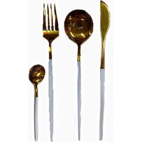 Servizio di posate completo tavola 6 persone oro e bianco set 24 in acciaio inox  forchetta cucchiaio coltello cucchiaino caffe (1/5)