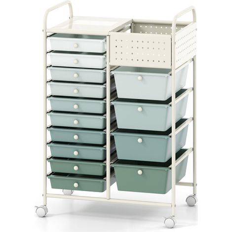 14-Drawer Rolling Storage Cart with Metal Top & Pegboard