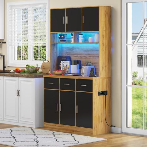 Küchenschrank – 100 x 40 x 180 cm – LED, App, USB-Anschlüsse, 3 Schubladen, 6 Türen, Arbeitsplatte 3 cm – Natur & Schwarz (1/5)