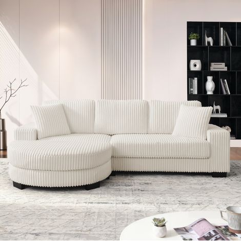 Divano angolare L 256,5 x 133,5 x 89 cm in beige, tessuto corduroy, pouf modulare e 2 cuscini (1/5)
