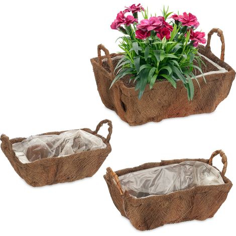 Relaxdays Jardinera con Asas, 3 Tamaños Diferentes, Jardín, Balcón y Alféizar, Macetas con Forro de Plástico, Natural (1/5)