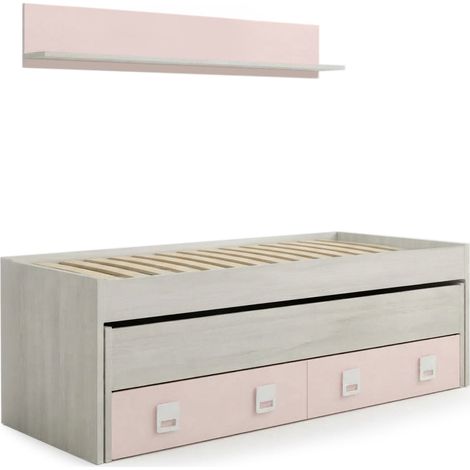 Cama Nido Juvenil Nube con Estante + 2 Cajones, 199 cm, Rosa + Somier Creta 90x190 (1/5)