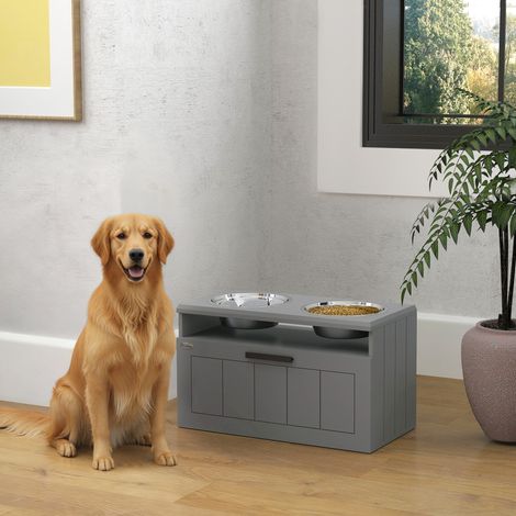 Futterstation für große Hunde, mit 2 Edelstahlnäpfen, Schublade, Futterspender für Haustiere, MDF, Stahl, Grau