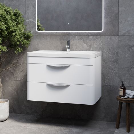 Oslo Gloss White 800mm Wall Mounted 2 Drawer Vanity Unit with Anya Basin - 800mm - Oslo Standard Handle