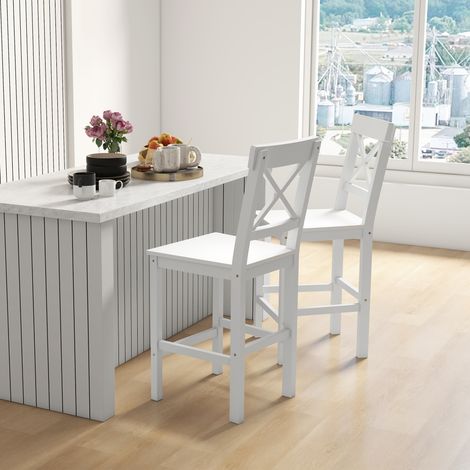 Lot 2 chaises hautes blanches – Style campagne chic, hauteur 60 cm, repose-pieds – En bois, pour bar ou coin repas, gain de place (1/5)