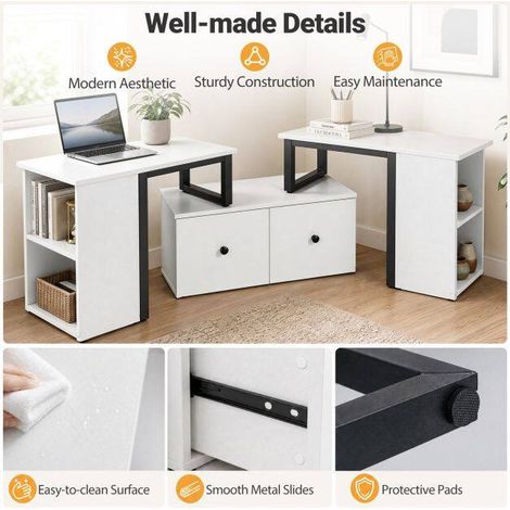 Meuble TV blanc en bois extensible et pivotant avec 2 tiroirs et 4 compartiments ouverts pour le salon, la chambre et l'entrée (1/5)