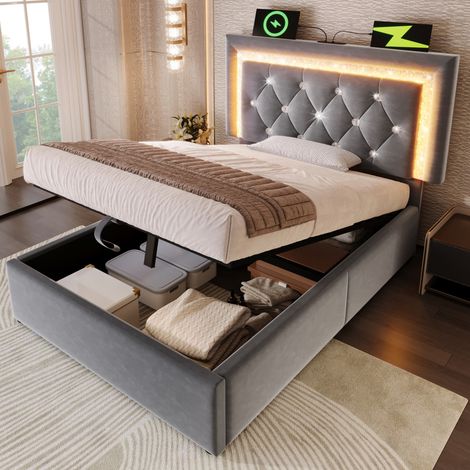 Cama tapizada de terciopelo gris 90x200 cm con LED, USB y USB-C, cabecero ajustable y arcón hidráulico (1/5)