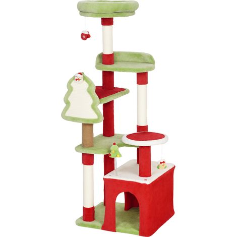 Cat Tree, 120cm Christmas Cat Tower 3 Scratching Posts, Scratching Board, 2 Perches, Platforms, Toys, Green (1/5)