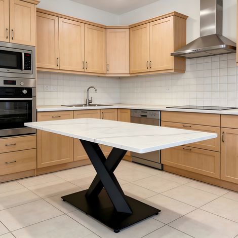 REDOM Tavolo da pranzo 160x80 cm, stile farmhouse, linee pulite, finitura testurizzata, MDF e metallo bianco e nero