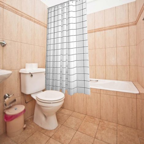 Rideau de douche moderne blanc à motif treillis, épais, imperméable et anti-moisissure, en PEVA, avec crochet inclus (1/5)