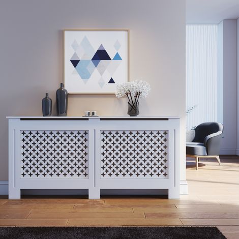 ELEGANT Radiator Cover Extra Large Modern Cross Slat White Painted Cabinet Radiator Shelves for Living Room/Bedroom/Kitchen, EXTRA LARGE
