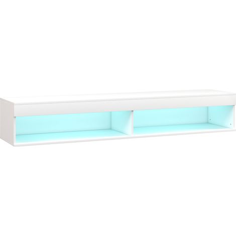 Meuble TV mural suspendu blanc avec bande lumineuse LED, étagères intégrées, support écran jusqu'à 75 pouces, 180x40x30 cm (1/5)