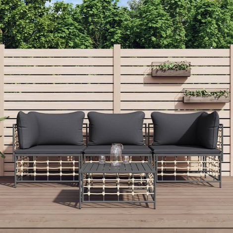 Salon de jardin modulable 4 pièces anthracite en résine tressée avec coussins gris foncé et table basse pour terrasse (1/5)