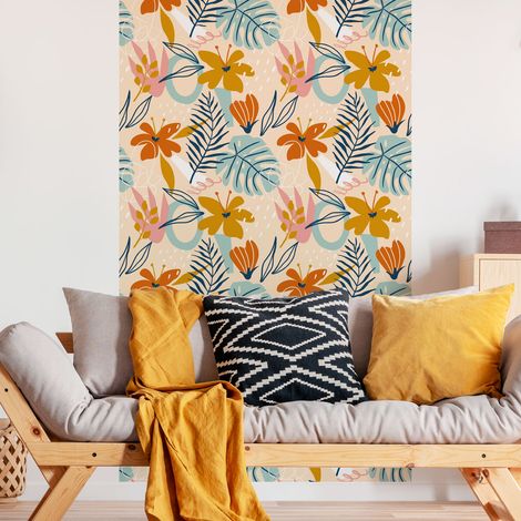 Papier peint intissé pré-encollé - FLEURS ET FEUILLES TROPICALES - 1 rouleau de 300x60cm (1/5)