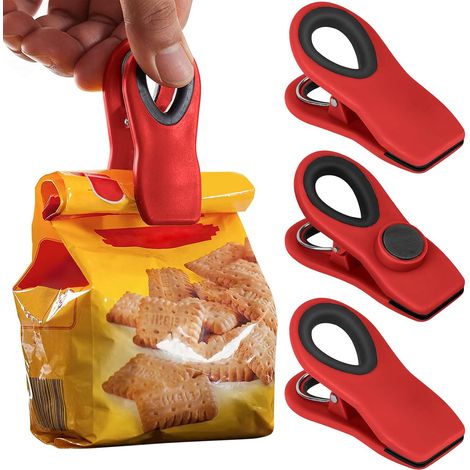 Set mit 4 magnetischen Lebensmittelbeutel-Clips, ideal für Chipstüten und andere Aufbewahrungsbeutel mit luftdichtem Verschluss (rot). (1/3)