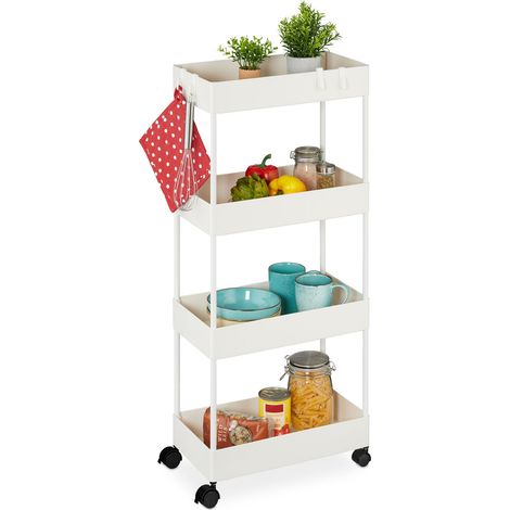 Relaxdays Rolling Cart, 4 Tiers, HxWxD: 93 x 40 x 22 cm, 4 Wheels, Bathroom & Kitchen, Slim Storage Trolley, White (1/5)