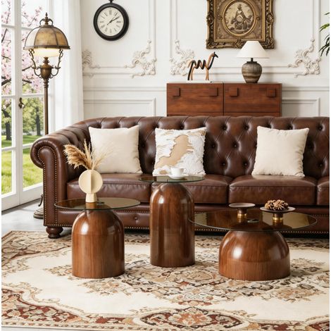 Set de 3 tables basses rondes gigognes pour salon, verre trempe gris et metal finition noyer (1/5)