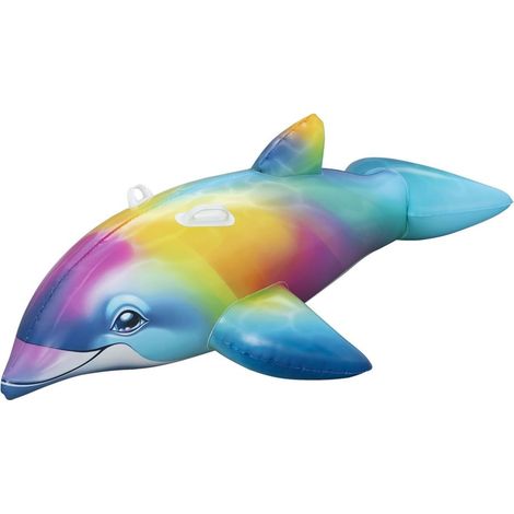 TRADE SHOP - Cavalcabile Gonfiabile Galleggiante A Forma Di Delfino Arcobaleno Maniglie 168x66cm 41541 - (1/5)